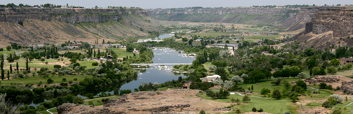 Looking west down the Snake River Canyon from Perrine Bridge in Twin Falls, Idaho [source: Wikipedia]